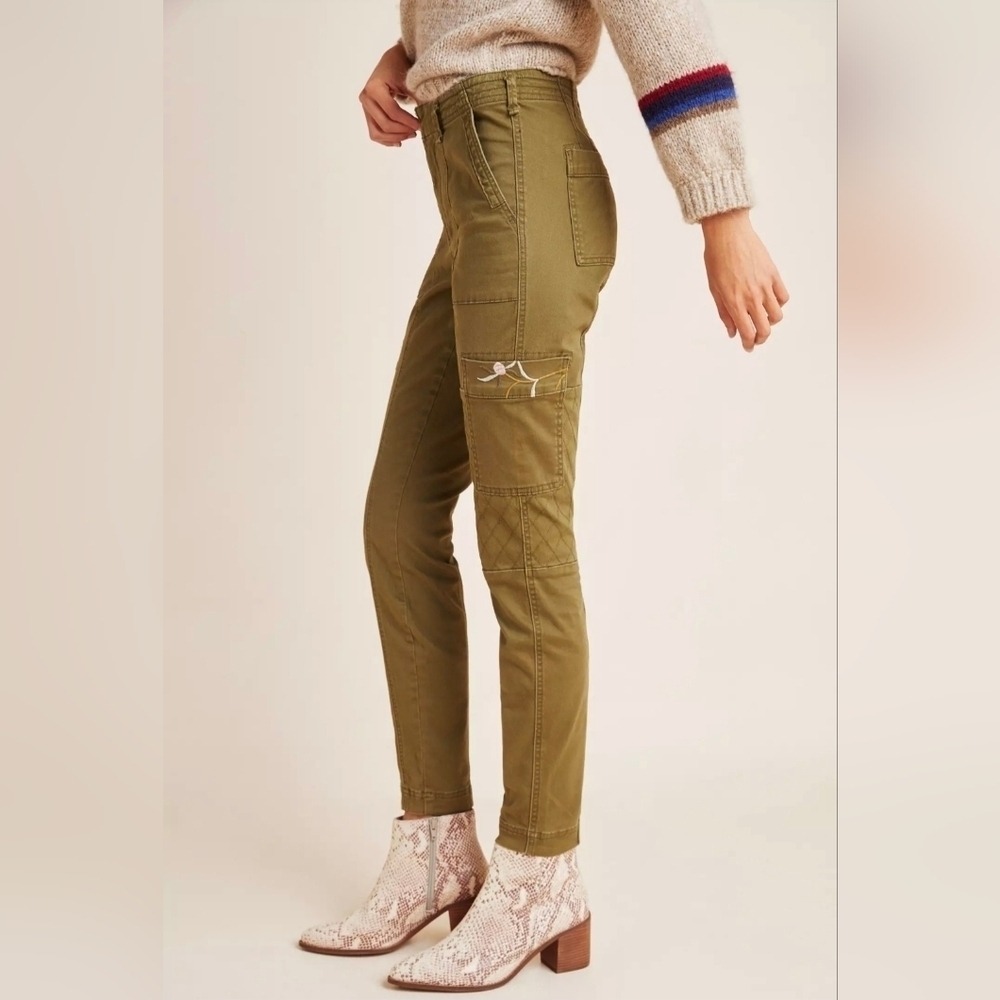 Anthropologie Austen Embroidered Utility Skinny Pants Olive Military Green